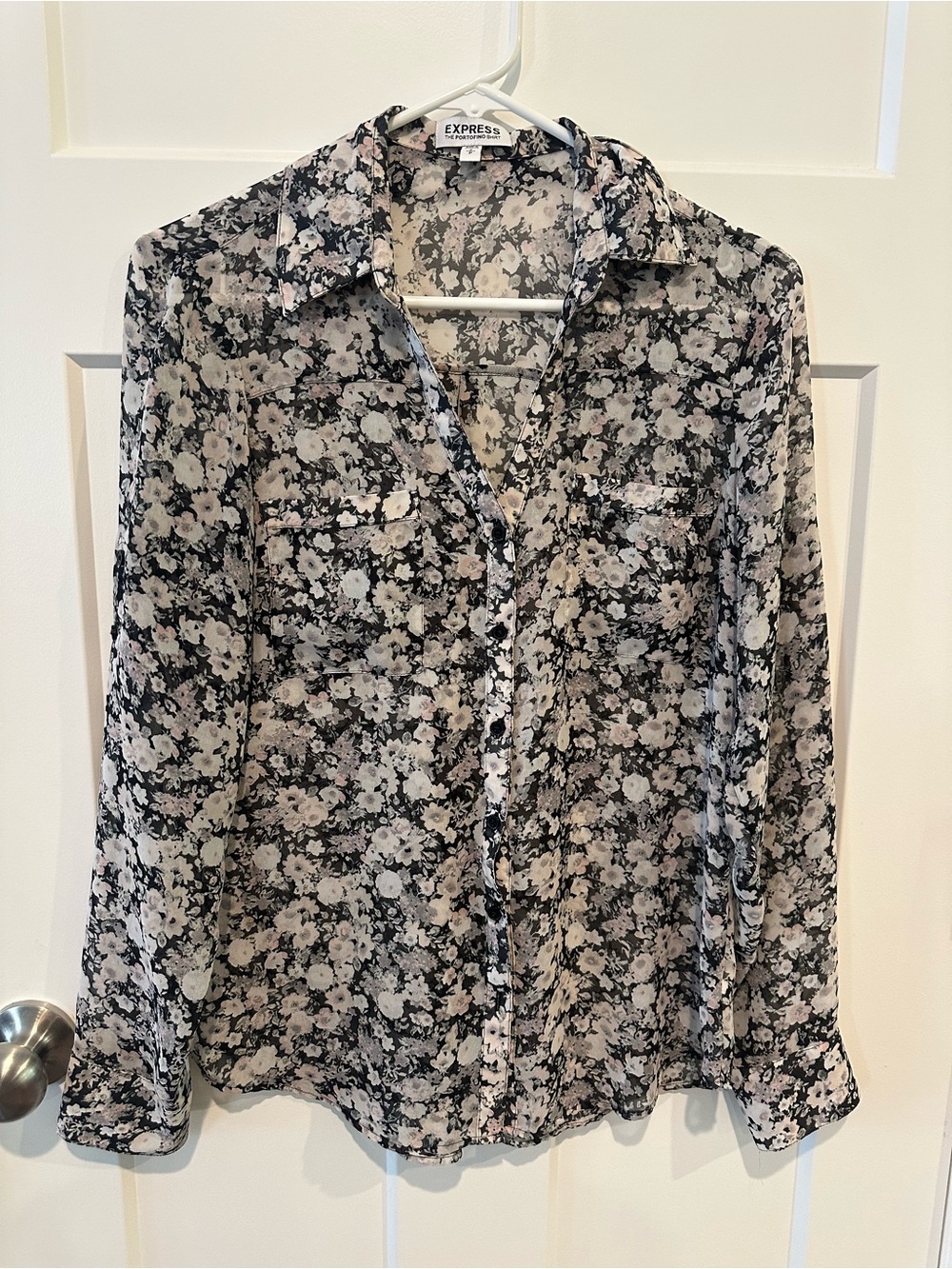 Express Sheer Floral Button-Front Blouse — Black and Cream